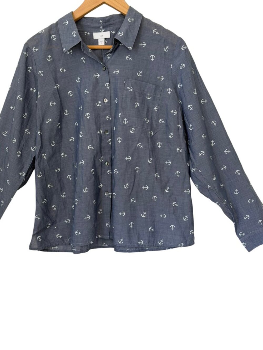 J.Jill Button-Front Chest Pocket Long Sleeve Anchor Print Pima Cotton VTG Blue M